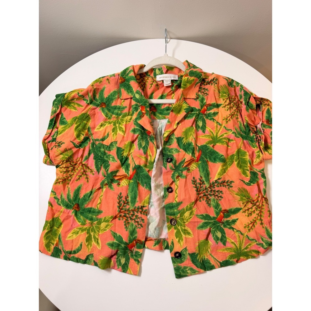 Monteau Button Up Shirt Women XL Coral Tropical Good Palm Leaf‎ Crop Hawaiian